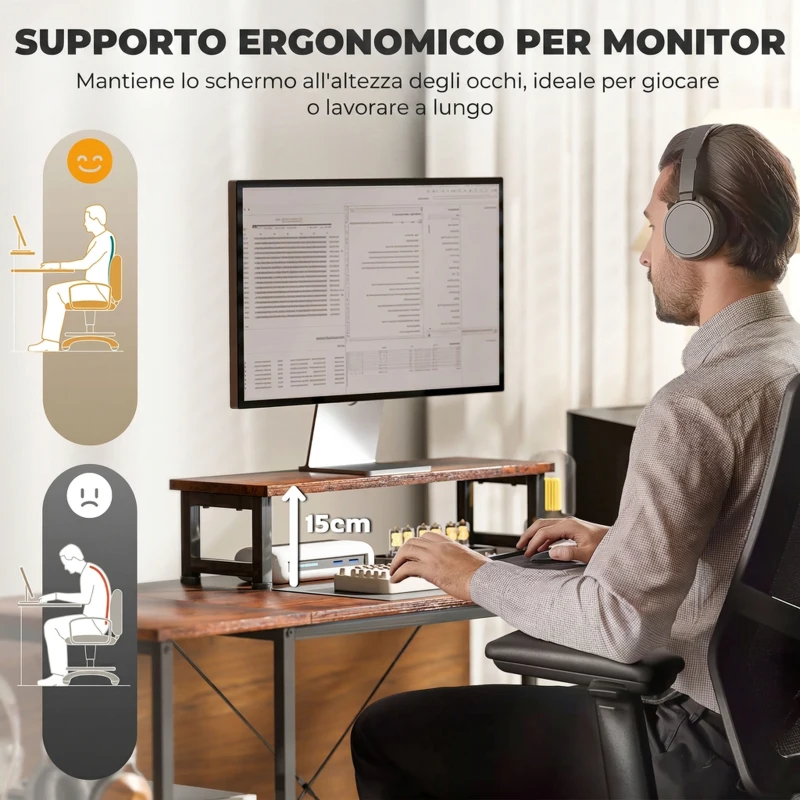 HOMCOM Scrivania Angolare a L Reversibile da 168-240Lcm, per 2 Persone con Supporto Monitor, Marrone Rustico