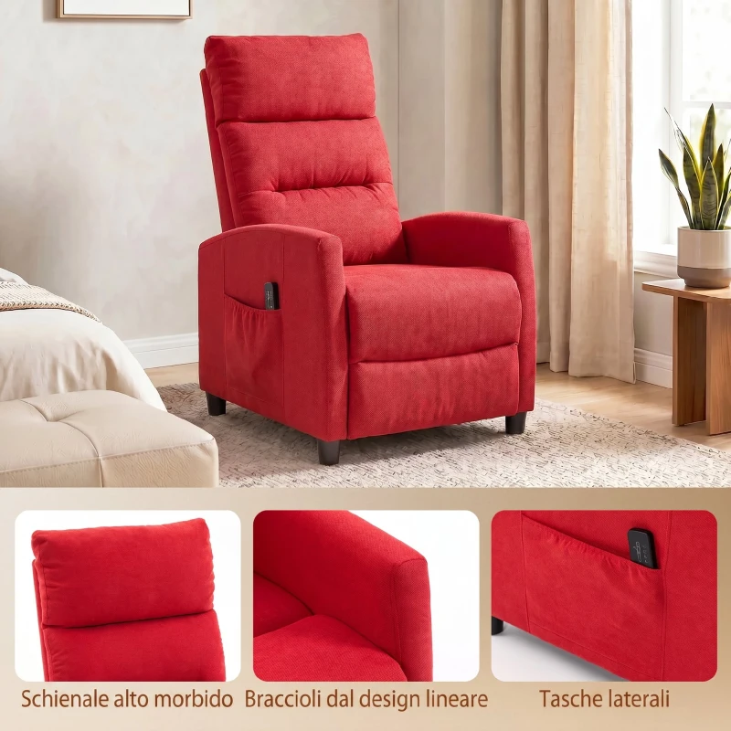 HOMCOM Poltrona Massaggiante e Reclinabile a 160° con Poggiapiedi e Telecomando, 66x91x108 cm, in Ciniglia Rosso Vino