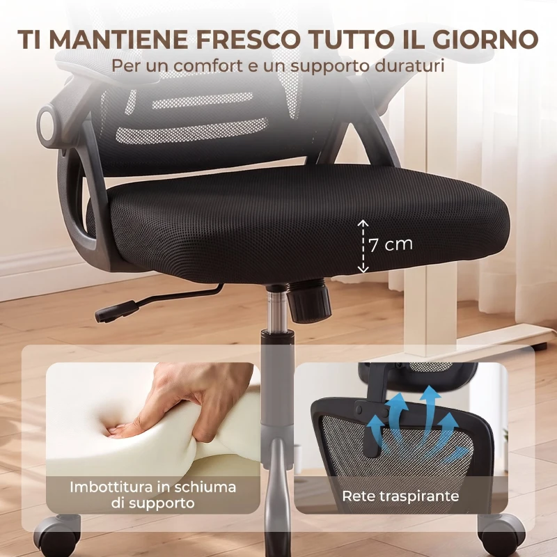 HOMCOM Sedia Ufficio Ergonomica con Braccioli Ribaltabili, Poggiatesta e Altezza Regolabili, in Rete Traspirante, Nero
