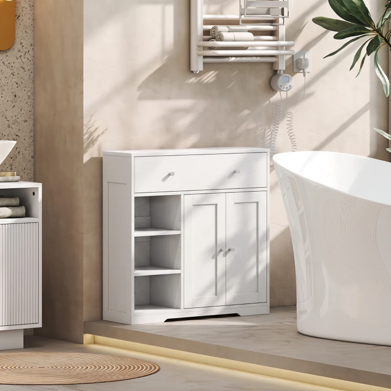 HOMCOM Mobile Bagno, Mobiletto Bagno Salvaspazio con Cassetto, Ante e Ripiani Aperti, 80x30x80.2 cm, Bianco