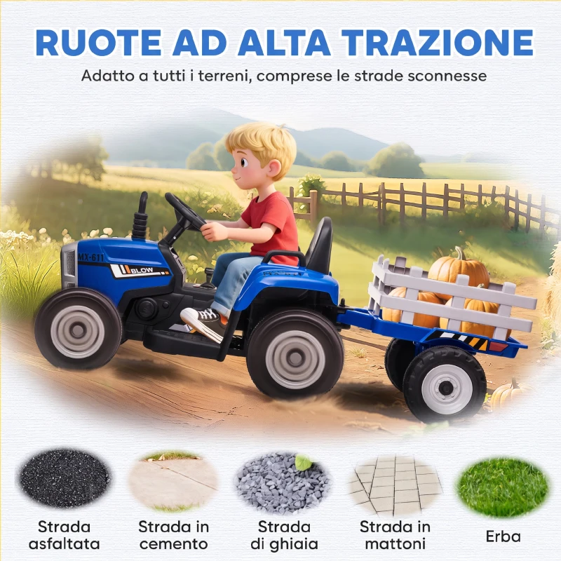 HOMCOM Trattore Elettrico per Bambini con Rimorchio Rimovibile, Telecomando, Porta USB, Musica e Luci, Età 3-6 Anni, Blu