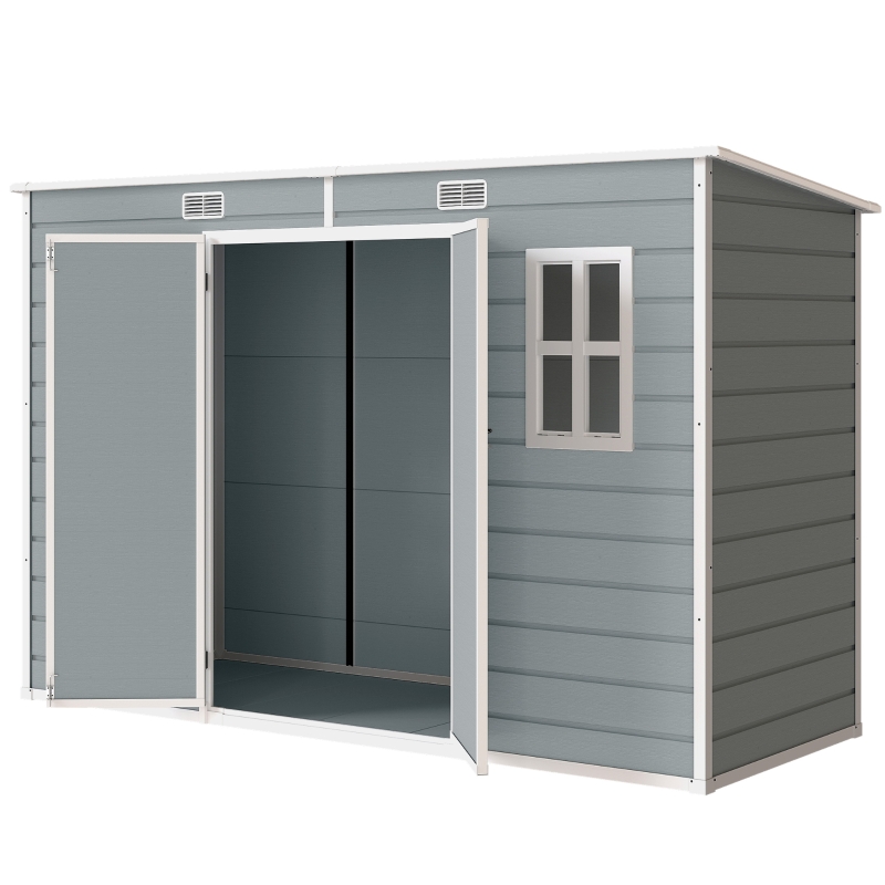 Outsunny 10 x 4 ft Resin Garden Shed, Outdoor Storage Shed with Floor, Windows, Lockable Doors and Vents, Grey