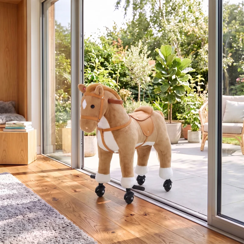 AIYAPLAY Cavalo de Brincar para Montar com Rodas, Sons de Cascos, Música e Pedais, Asas, Estrutura Metálica, +3 Anos, 50 kg, Castanho