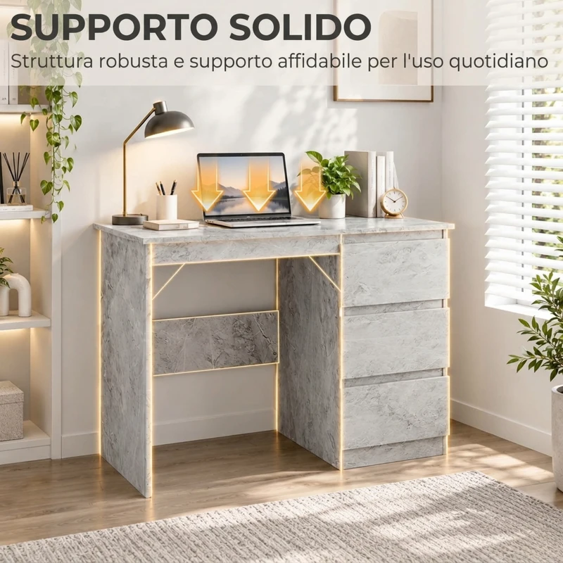 HOMCOM Scrivania Ufficio con 3 Cassetti 100x50 cm, Scrivania Salvaspazio per Studio Casa Ufficio, Grigio Effetto Marmo