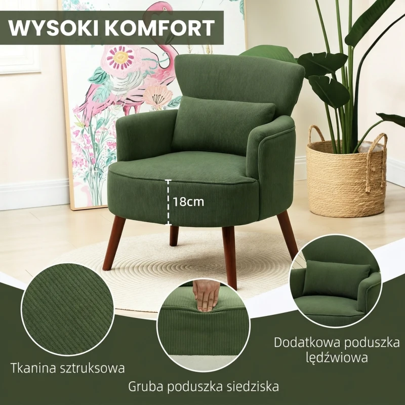 HOMCOM Modern Armchair, Upholstered Accent Chair with Thick Padded Seat, Lumbar Pillow, Rubber Wood Legs, Cuddle Chair for Living Room Bedroom Office, Green
