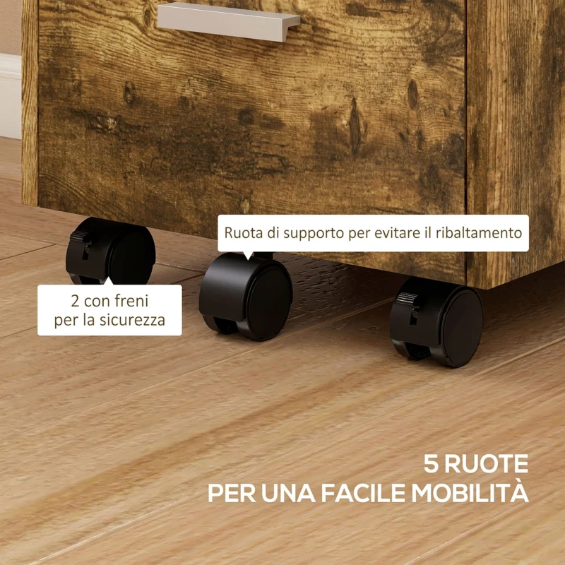 HOMCOM Schedario da Ufficio con 3 Cassetti, 5 Ruote, Cassettiera Ufficio per Lettera/Formato A4, 39.2x40x65.4 cm