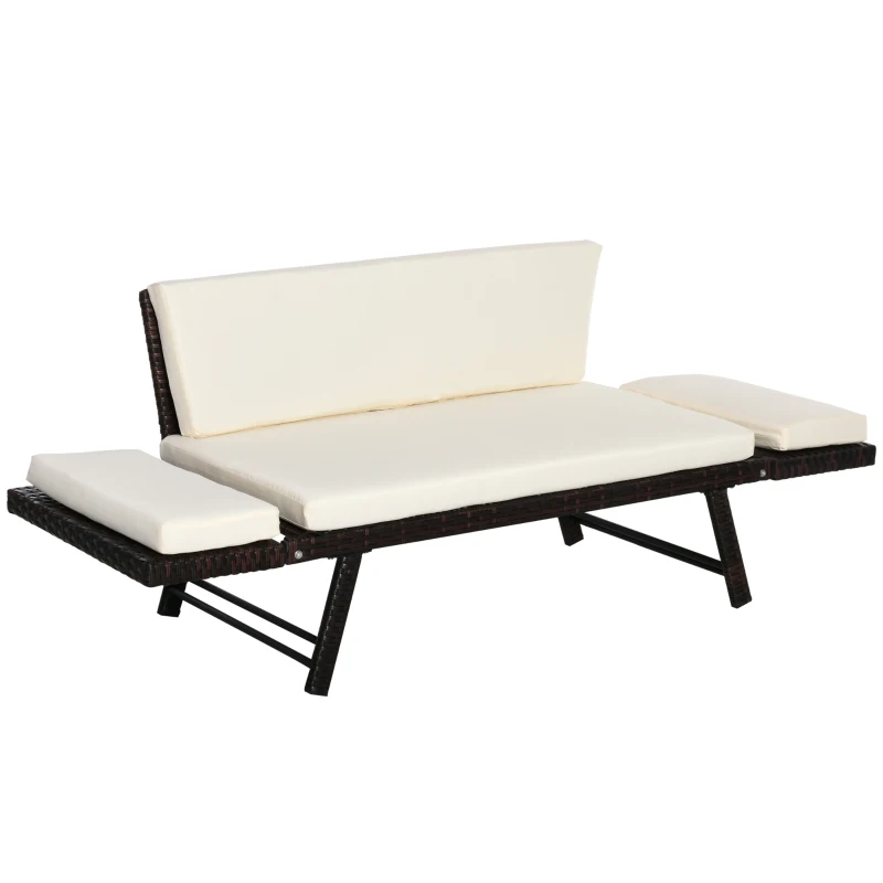 Outsunny 2-osobowa sofa ogrodowa z technorattanu, meble ogrodowe, sofa wypoczynkowa, ławka ogrodowa, leżak ogrodowy, składane podłokietniki, stal, brązowy, 129 x 63 x 67 cm