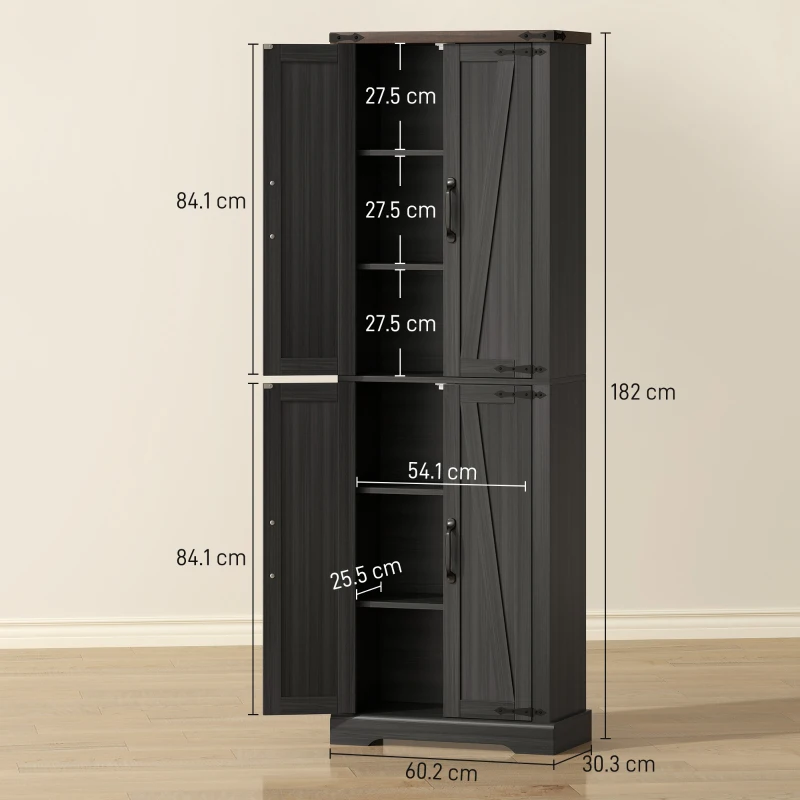 HOMCOM Credenza Cucina Alta Rustica, Mobile Dispensa con 4 Ante, Ripiani Regolabili, 60.2x30.3x182 cm, Nero