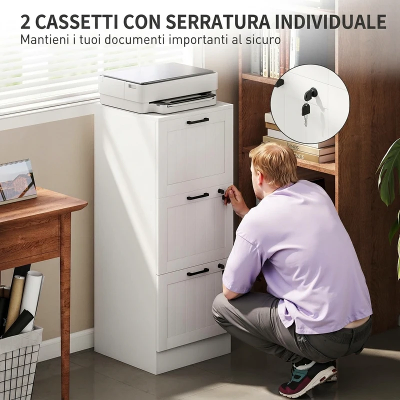 HOMCOM Cassettiera Portadocumenti a 3 Cassetti con Binario Regolabile e 2 Serrature, in Legno, 40x40x101 cm, Bianco