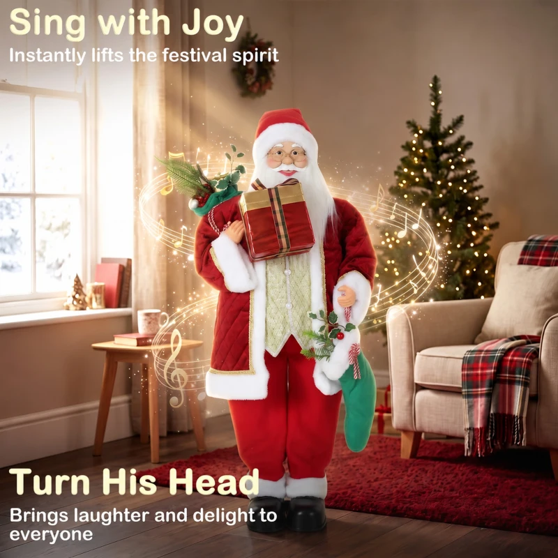 HOMCOM 4ft Life Size Singing Moving Santa Claus, 120 cm Standing Musical Animated Santa with Stocking, Sack, Posable Arms, Handcrafted, Sound Touch Activated, Moving Christmas Figure Decor