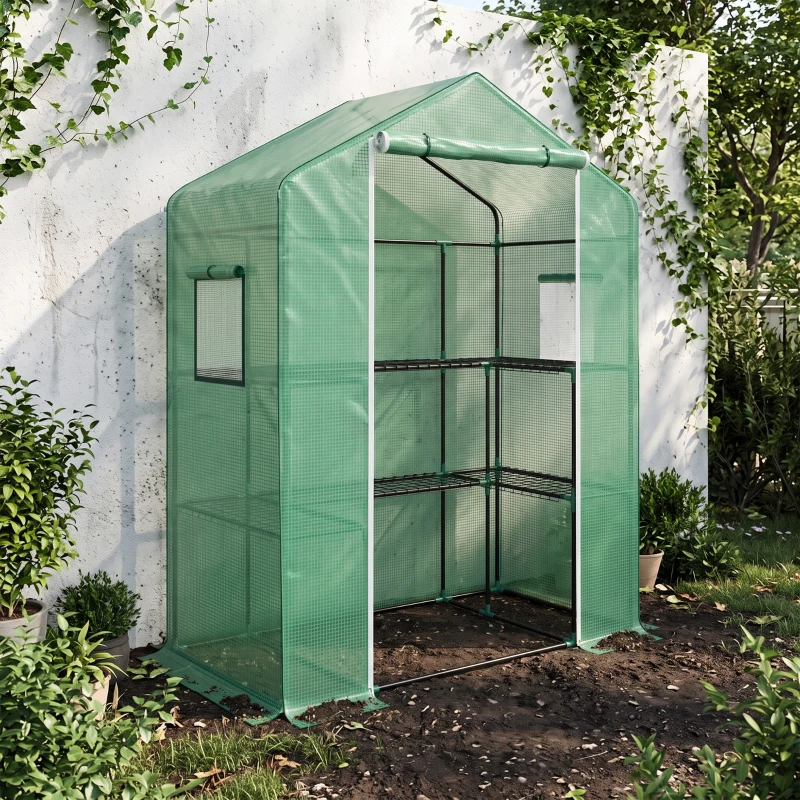Outsunny Serre de jardin avec 1 porte, 2 fenetres et 2 étagères en forme de U pour Légumes Plantes Fleurs Bâche PE 140x73x190 cm