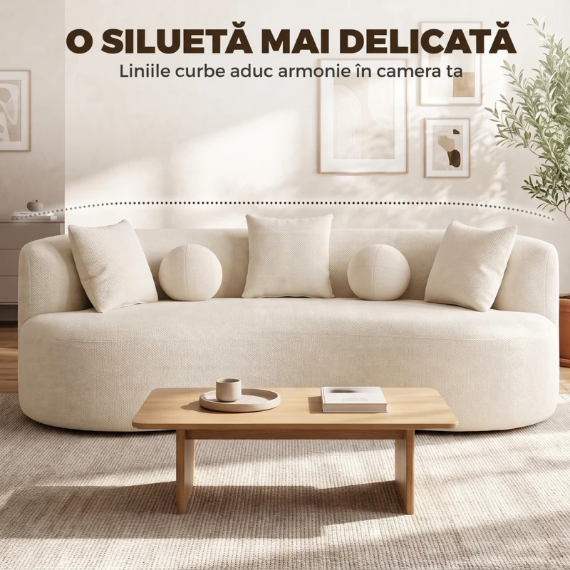 HOMCOM Canapea 3 locuri fără cadru, cu șezut amplu și adânc, spătar curbat, 2 perne, chenille, crem