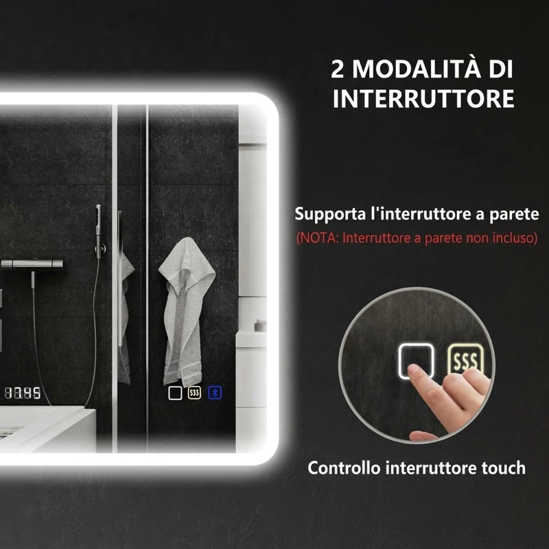 HOMCOM Specchio Bagno LED con Bluetooth, Illuminazione Regolabile e Funzione Memory, in Vetro Temperato, 80x60x3.5 cm