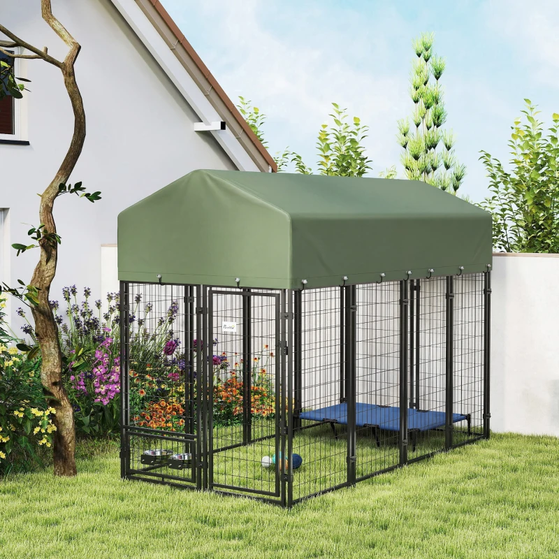 PawHut Recinto per Cani da Esterno in Acciaio con 2 Ciotole Girevoli e Tetto in Tessuto Oxford, 244x122x183 cm, Verde