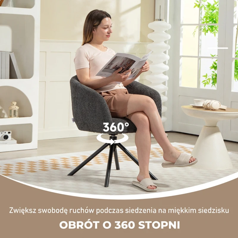 HOMCOM Fotel Lounge z Podłokietnikami, Wykończenie Lniane, Obrotowy, z Metalowymi Nogami, do Salonu, Kuchni, Sypialni, Ciemnoszary