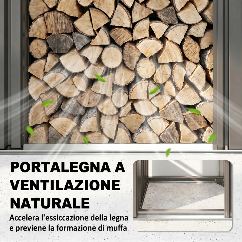 Outsunny Portalegna da Esterno con Armadietto Porta Attrezzi, 0.77 m², 150x66x162 cm, in Acciaio Zincato, Grigio Scuro
