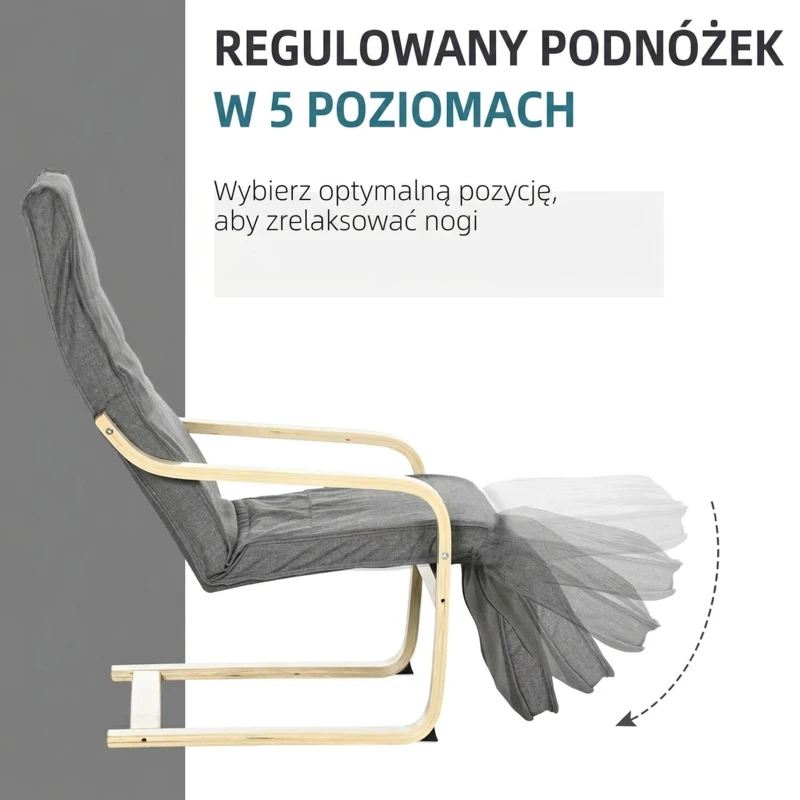 HOMCOM fotel do salonu relaksacyjny 5-stopniowy regulowany podnóżek z podłokietnikami drewno brzozowe do 120 kg szary
