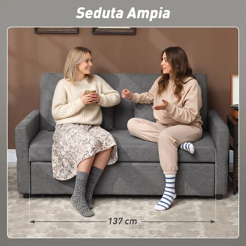 HOMCOM Divano Letto 2 Posti 3 in 1 in Lino con 2 Cuscini, Estraibile Clic Clac Reclinabile, Seduta Imbottita, Grigio