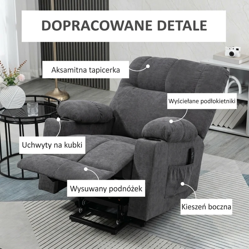 HOMCOM Fotel z funkcją podnoszenia dla seniora, funkcja leżenia, z pilotem, 144 cm x 91 cm x 88 cm, Ciemnoszary