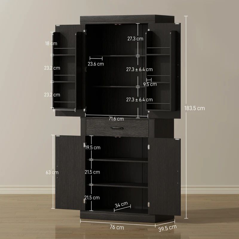 HOMCOM Dispensa Cucina in stile Country con 2 Armadietti, 6 Ripiani e Cassetto, in Legno, 76x39.5x183.5 cm, Nero