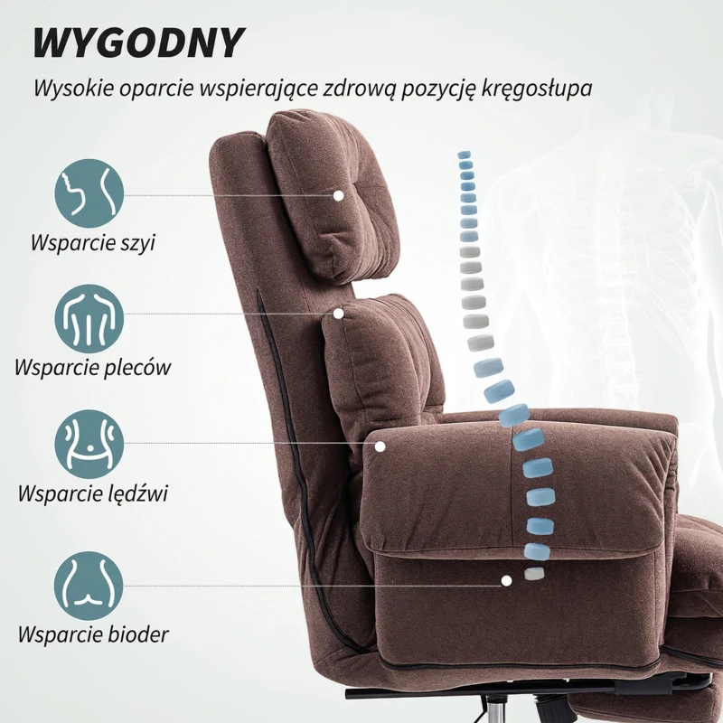 HOMCOM Fotel Biurowy z Regulowanym Oparciem, Obrotowe Krzesło Wyściełane, Pianka, Metal, Kolor Kawa