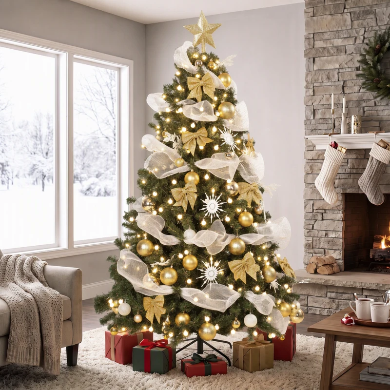 HOMCOM Albero di Natale 180cm con 200 Luci LED Bianco Caldo, 8 Modalità, 800 Rami Ignifughi, Palline, Nastri, Fiocchi