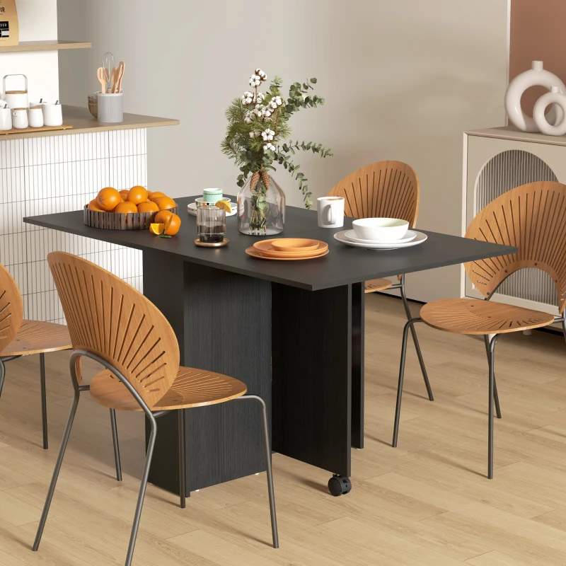 HOMCOM Masă pliabilă compactă cu 2 extensii pentru 6 persoane, cu rafturi și roți, negru(m-2)