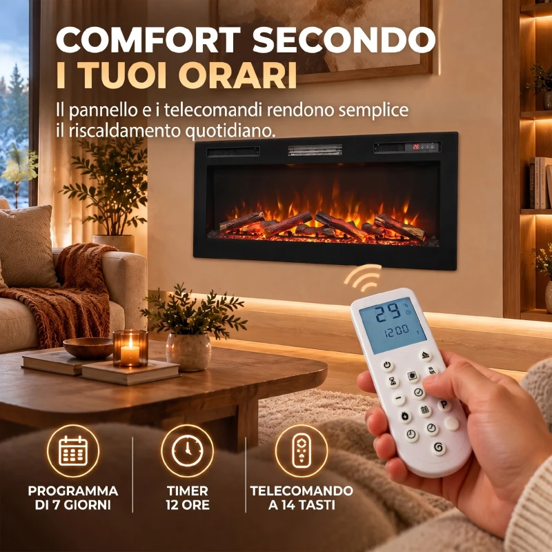 HOMCOM 102 cm Camino Elettrico da Incasso/Parete/Terra Ultrasottile 8.3 cm con Telecomando, 900/1800W, Timer, 35㎡ Nero