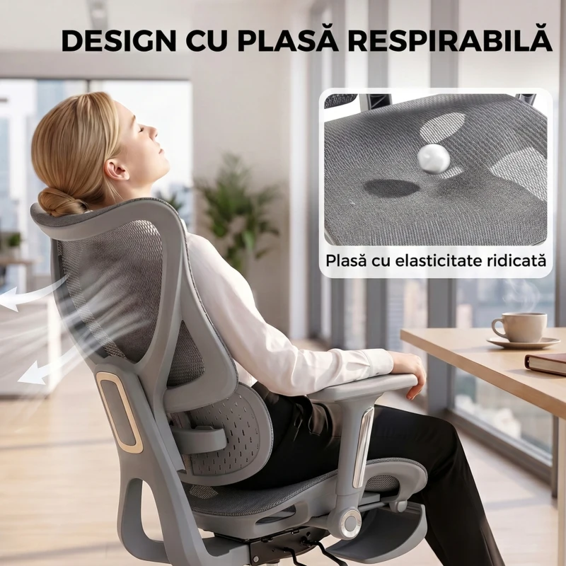 HOMCOM Scaun de birou ergonomic cu suport pentru picioare și plasă respirabilă, gri