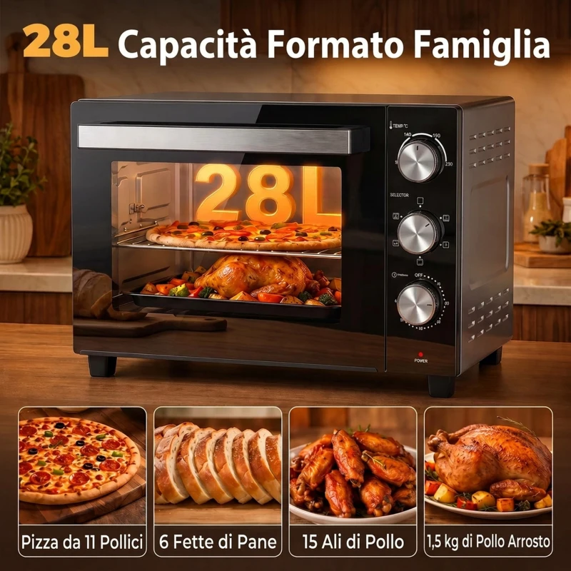 HOMCOM Forno Elettrico 1500W 28L con Temperatura Regolabile Max 230°, Timer 60 min, Griglia, Teglia, Manico per Teglia