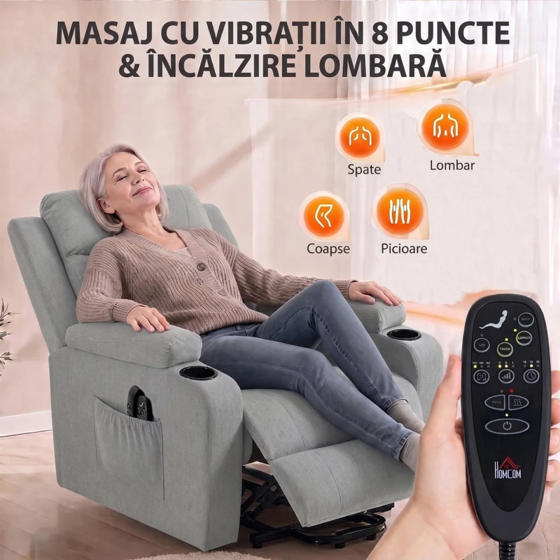 HOMCOM Fotoliu Electric cu Ridicare Asistată, Reclinabil, Încălzit, cu Masaj, Aspect In, 2 Telecomenzi, Gri Deschis