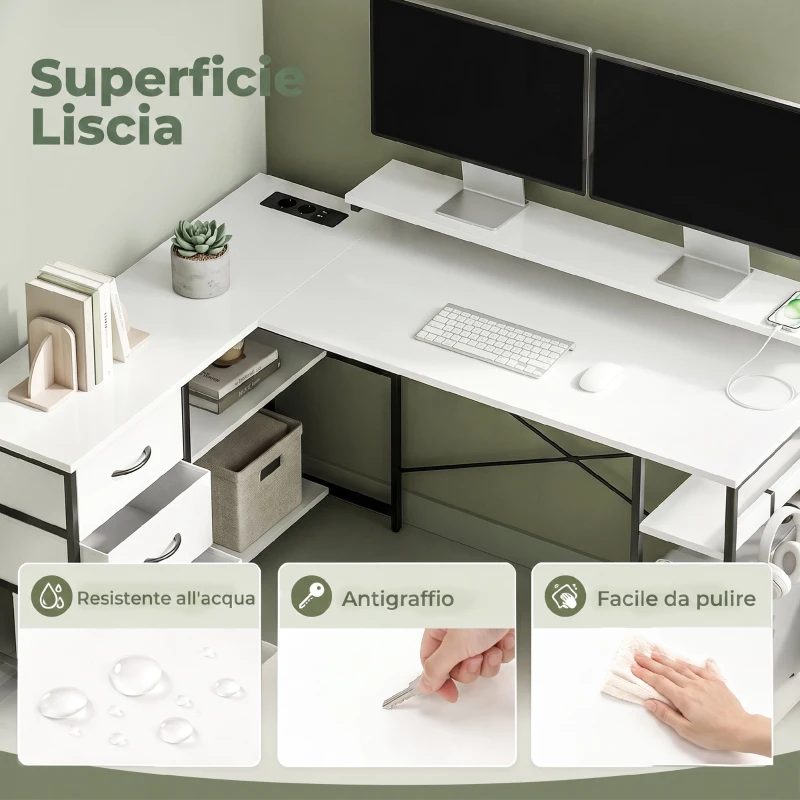 HOMCOM Scrivania Angolare con Prese, 4 Cassetti in Tessuto, Rialzo Monitor e 2 Ganci, 155x112x85.5-91.5 cm, Bianco Nero
