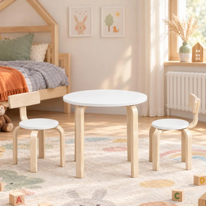 AIYAPLAY Mesa Infantil con 2 Sillas Apilables 3 Piezas Mesa Redonda Juego de Madera Niños 3-8 Años para Guardería Aulas Blanco