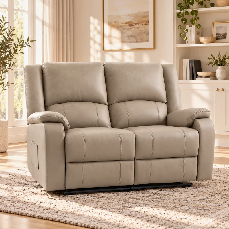 HOMCOM Sillón 2 Plazas Relax Reclinable Manual Ajuste Separado hasta 155º Sillón Relax de PU Reposapiés y Asiento Amplio Caqui