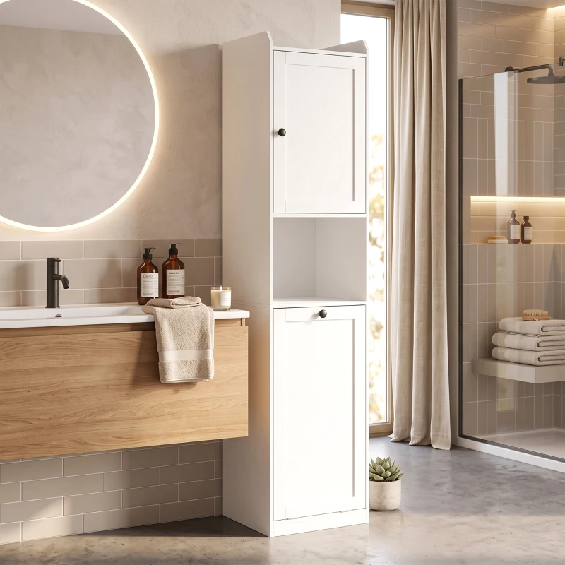 HOMCOM Colonna Bagno Slim con Cesto Portabiancheria Ribaltabile, 40x40x170 cm, Bianco