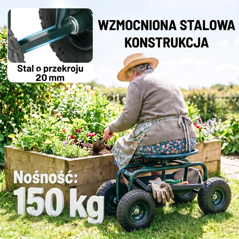 Outsunny Wózek Ogrodowy z Siedziskiem, Obrotowy, Regulowana Wysokość, do 150 kg, Stal, Ciemnozielony