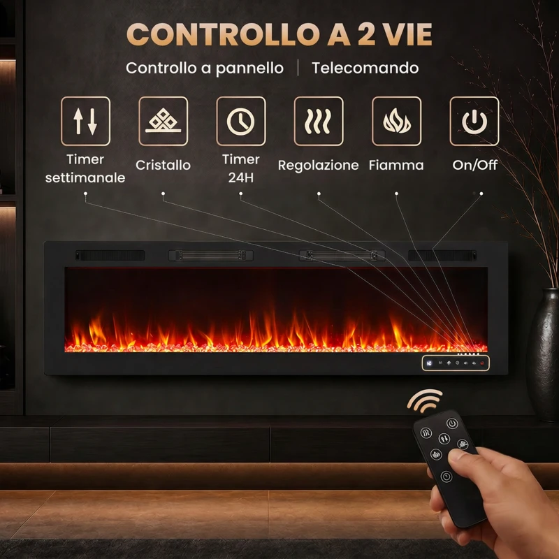 HOMCOM Camino Elettrico da Incasso con Fiamma Indipendente, 3 Modalità di Riscaldamento e Telecomando, Nero