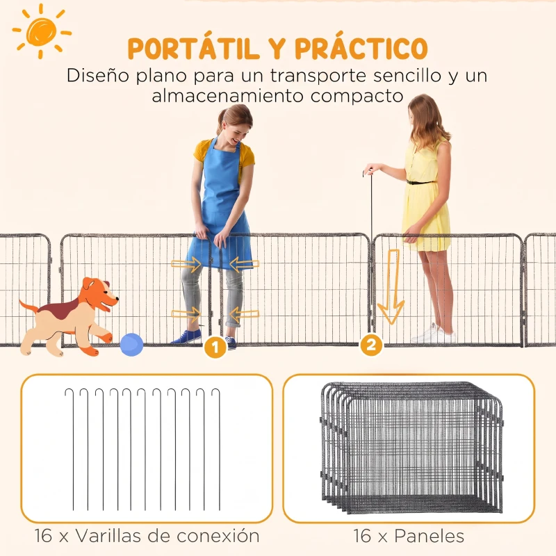 PawHut Parque para Perros de 16 Paneles con 2 Puertas Corralito para Perros para Exterior Interior Acero 80x60 cm Gris