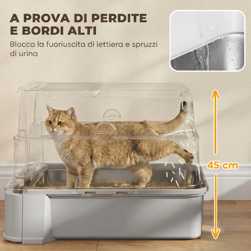 PawHut 3 in 1 Lettiera Gatto Chiusa 68L con Coperchio, Vassoio Estraibile in Acciaio Inox, Paletta, Grigio