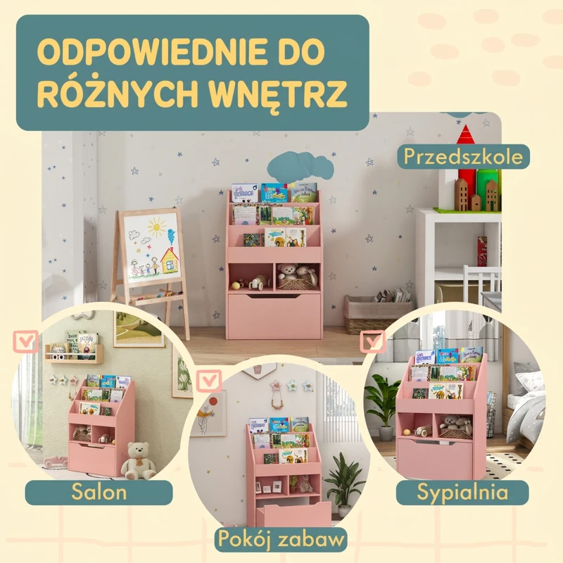 HOMCOM Regał dla dzieci z szufladą, regał na książki z przegrodami, 60 x 29,9 x 90 cm, Różowy