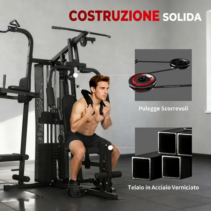 SPORTNOW Palestra Multifunzione, Stazione Fitness Multifunzione con Sistema a Pulegge, Pacco Pesi da 69 kg, Nero