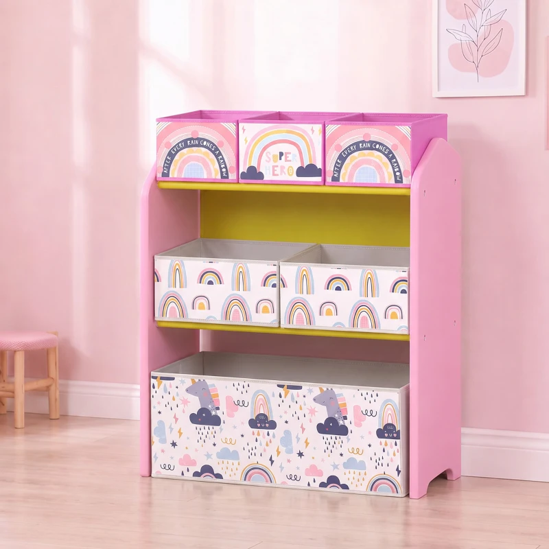 AIYAPLAY Scaffale Portagiochi Bambini a 3 Livelli con 6 Contenitori, Tema Ragazza Rosa, per Cameretta e Sala Giochi