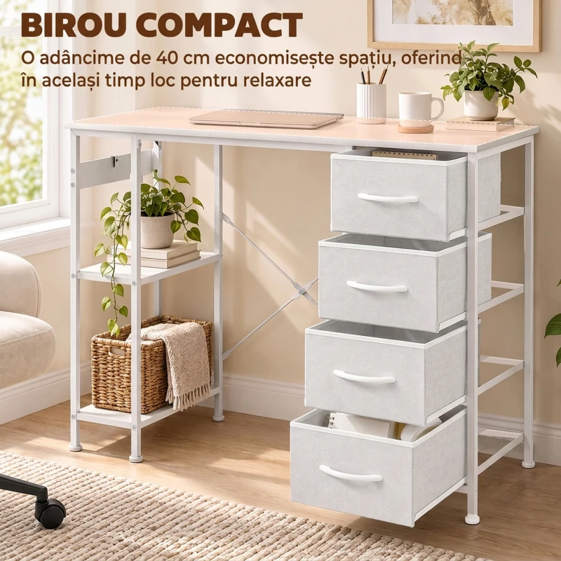 HOMCOM Birou cu 4 sertare textile, structură metalică, raft deschis, alb