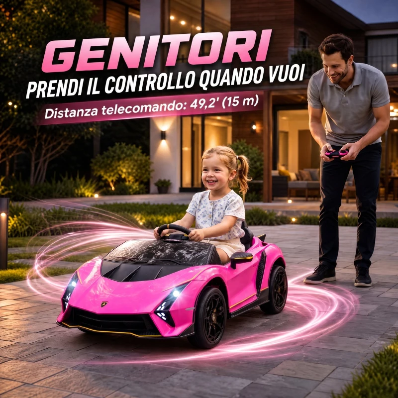 AIYAPLAY Macchina Elettrica Bambini 3-6 Anni 12V Lamborghini Autentica con 2 Motori, Porta a Forbice, Sospensioni, Rosa