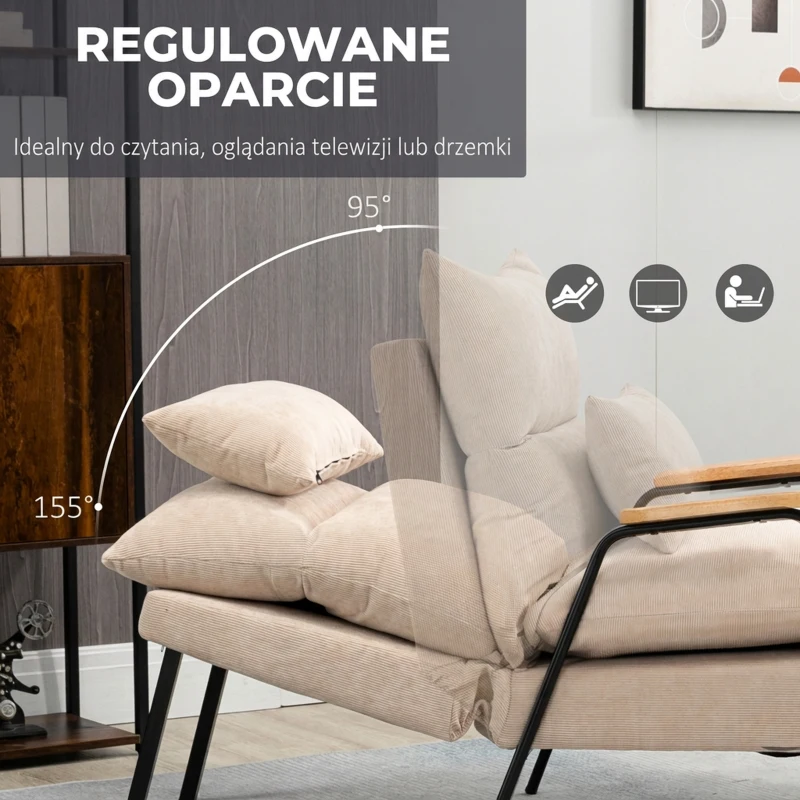 HOMCOM Fotel tapicerowany z podnóżkiem, fotel relaksacyjny z funkcją leżanki, fotel tapicerowany, poduszki, fotel telewizyjny, 68 x 91,5 x 88 cm, kolor beżowy