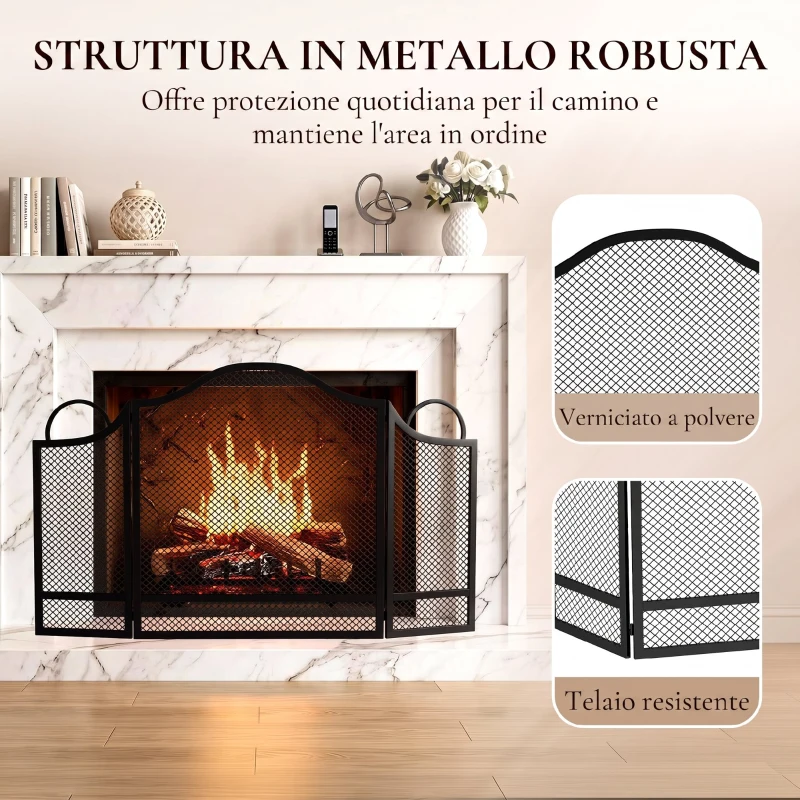 HOMCOM Parascintille Camino Pieghevole a 3 Pannelli, in Metallo Verniciato, Pronto all'Uso, 122x1x74 cm, Nero
