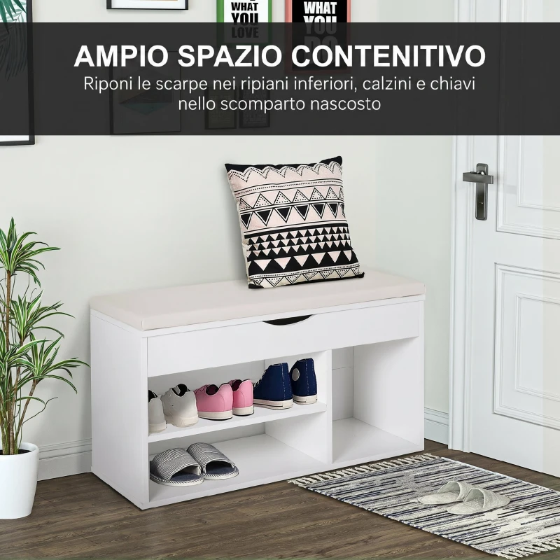 HOMCOM Panca Scarpiera, Mobile Portascarpe Salvaspazio con Sedile Imbottito Ribaltabile da Ingresso Legno, 80x30x47cm