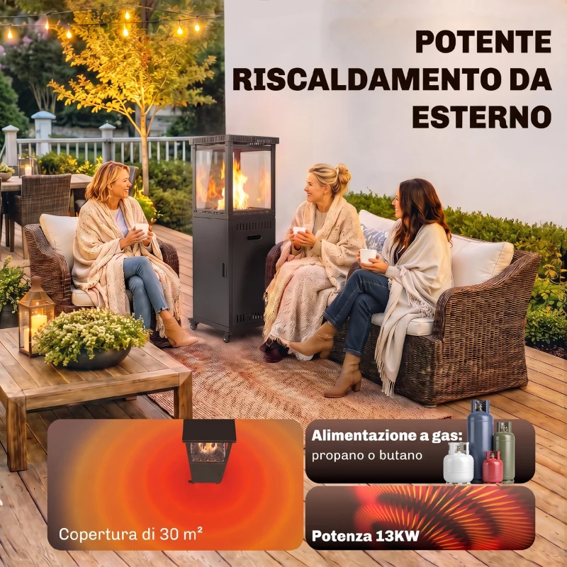Outsunny Riscaldatore a Gas da Esterno 13 kW, Stufa a Gas Propano Portatile, Regolazione Continua Calore