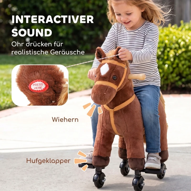 AIYAPLAY Schaukelpferd, Plüsch-Reitpferd mit Huf- und Wiehergeräuschen, Rollen/Pedale, 3–8 Jahre, bis 50 kg, Dunkelbraun