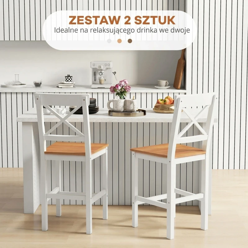 HOMCOM Stołki Barowe Zestaw 2, Rustykalne Stołki z Litego Drewna do Kuchni, Naturalny